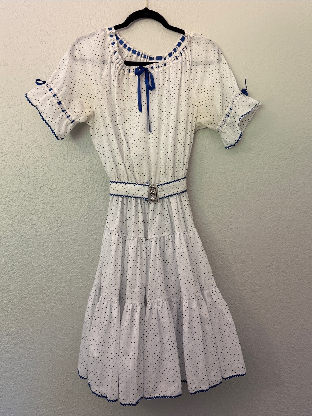 Plus Size Vintage White Polka Dot Tiered Square Dance Dress with Blue Ribbon - Picture 2 of 7